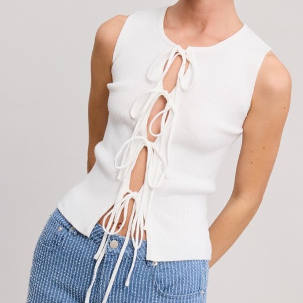White Knit Top with Cut Out and Tie Front